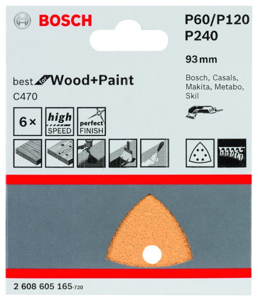 Bosch Schleifpapier 93mm Set K60/K120/K240 C470 Wood & Paint 6er Pack