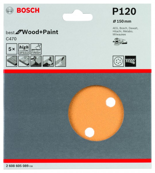 Bosch Schleifpapier 150mm K120 Best for Wood + Paint C470 5er Pack