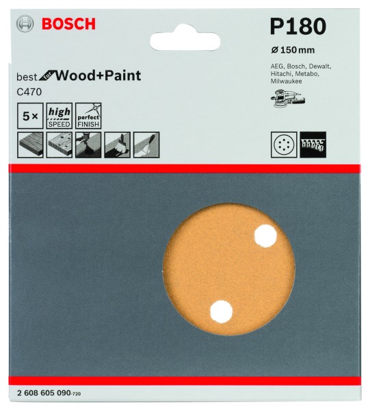 Bosch Schleifpapier 150mm K180 Best for Wood + Paint C470 5er Pack