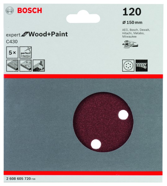 Bosch Schleifpapier 150mm K120 Expert for Wood + Paint C430 5er Pack