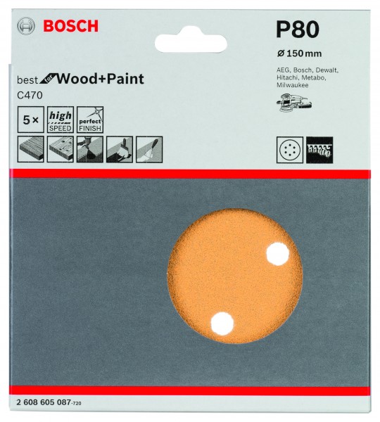 Bosch Schleifpapier 150mm K80 Best for Wood + Paint C470 5er Pack